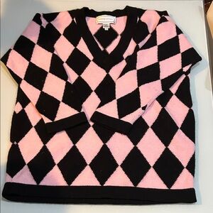 Vintage Adrienne Vittadini Pink and Black Argyle Sweater lambswool angora